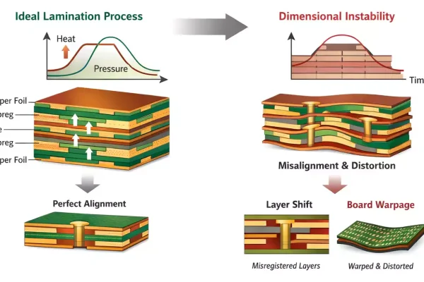 PCB lamination heat/pressure profile with stack-up showing perfect alignment versus distortion and misregistration.