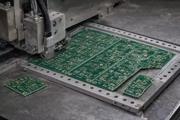 Automated PCB depaneling machine cutting a panel with V-scoring and tab-route mouse bites; rails and fiducials visible