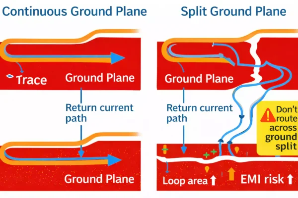 PCB Ground Plane return path on continuous vs. split ground