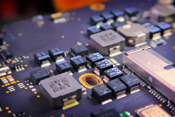 Macro of a purple PCB with ENIG pads and SMD parts