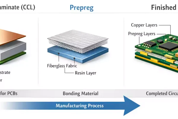 Diagram comparing CCL as raw laminate, prepreg as bonding layers, and a finished multilayer PCB