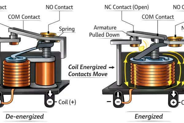 Relay working principle: coil energizes, armature moves, NO/NC/COM contacts change state