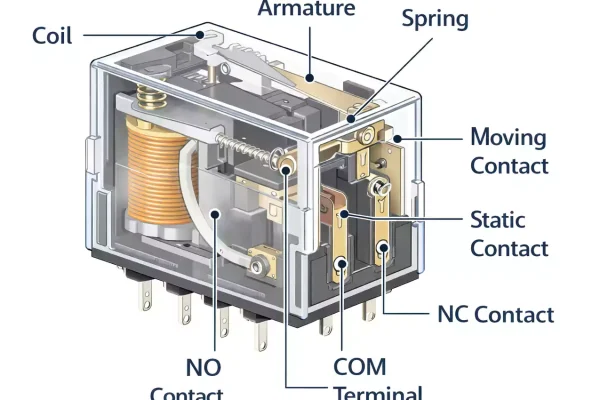 Latching relay internal parts labeled: coil, armature, contacts