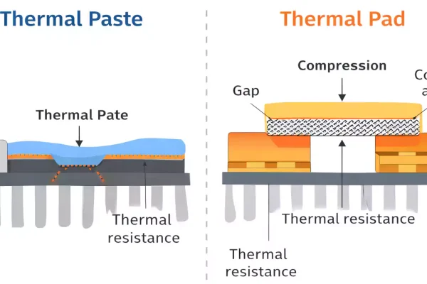 Pad Thermal vs thermal paste cross-section showing gap, compression and contact area