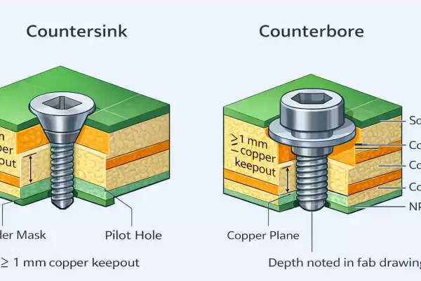 PCB cross-section comparing countersink and counterbore with copper keepout notes