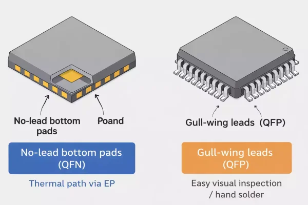 QFN with bottom pads vs QFP with gull-wing leads