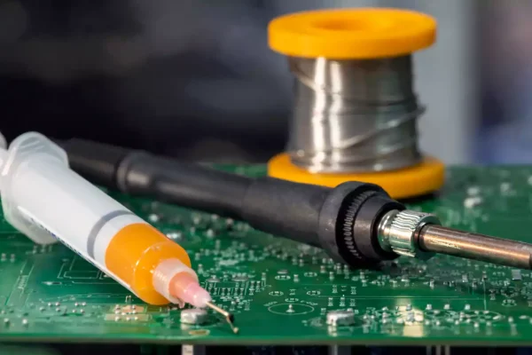 What Is Flux in Soldering: soldering iron, flux syringe, and solder wire on a green PCB.