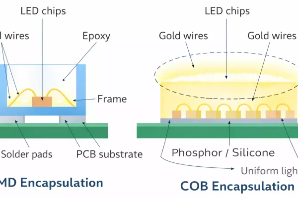 SMD vs Chip on Board LED encapsulation cross-section with chips, bond wires, and uniform phosphor layer
