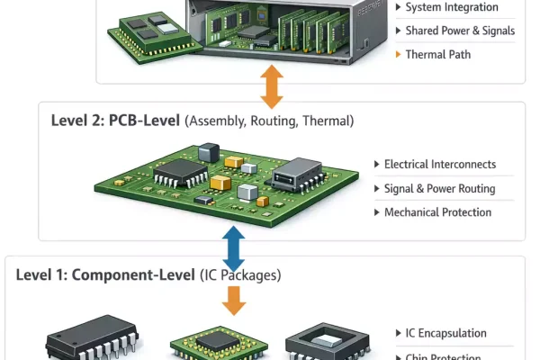 Hierarchy of electronic packaging levels from component to PCB to system.