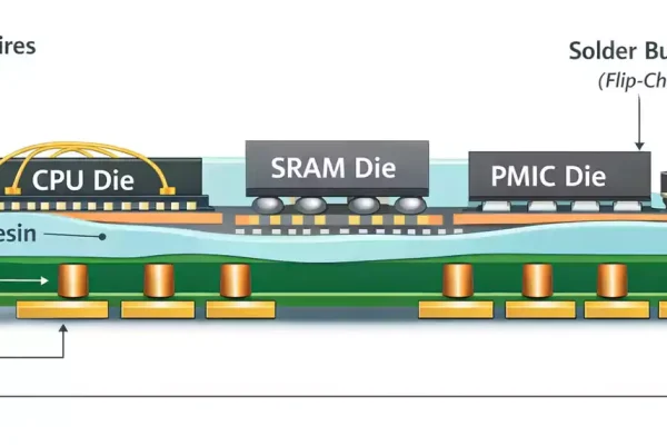 Cross-section of a multi-chip module (MCM) with wire-bond and flip-chip dies on a shared substrate.