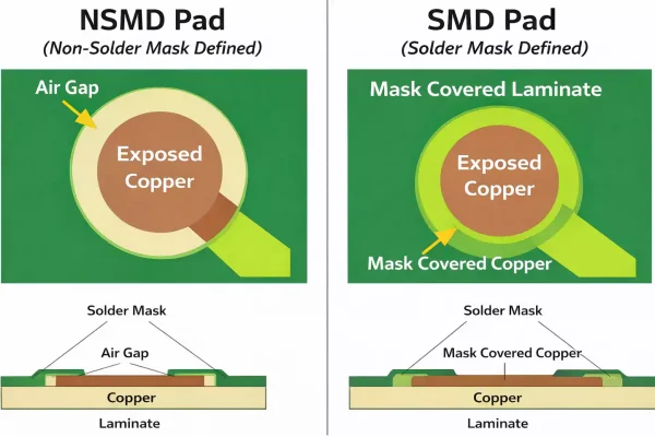 NSMD vs SMD pad comparison with top and cross-section views