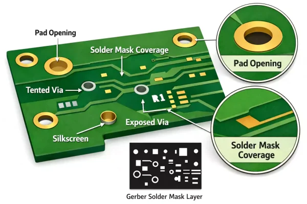 PCB overview showing solder mask coverage, pad openings, tented and exposed vias