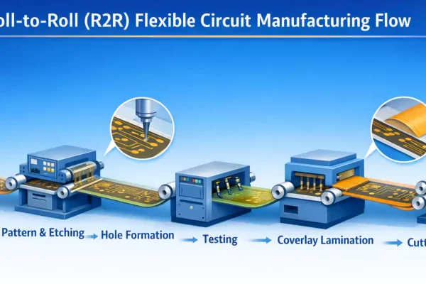 Roll to roll flexible circuit manufacturing flow from unwinding to cutting and rewinding