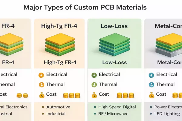 Overview of the major custom PCB material types: FR-4, High-Tg FR-4, low-loss and metal-core, with basic electrical, thermal and cost notes.