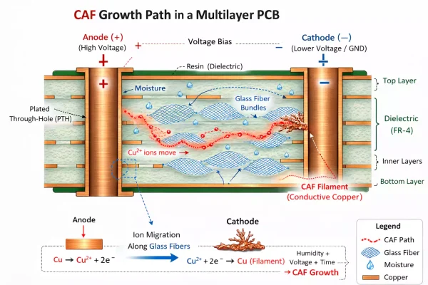 Conductive Anodic Filament growth path in a multilayer PCB cross-section