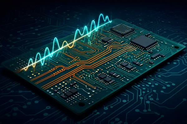 High-speed PCB with signal waveform illustrating fast digital signals on routed traces