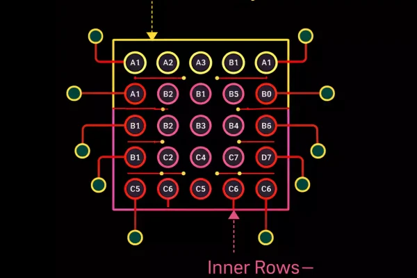 BGA fanout pattern showing outer rows routed first and inner rows escaped later
