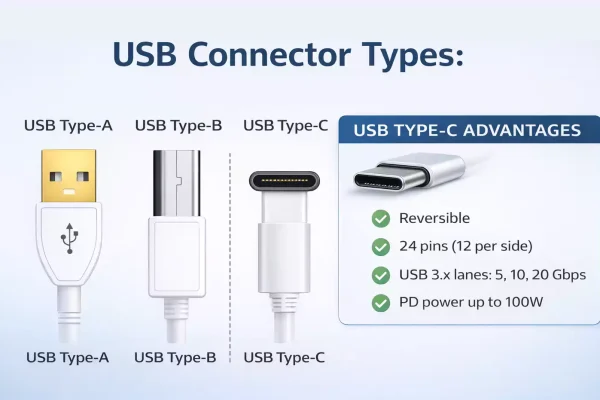 USB Type-A, Type-B, and Type-C connector comparison