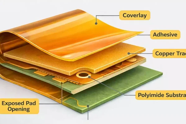 Flex PCB coverlay structure with adhesive copper trace and polyimide substrate