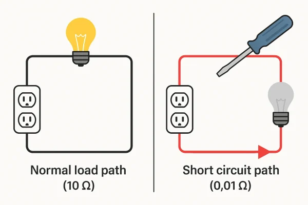 Diagram showing a normal circuit path versus a short-circuit