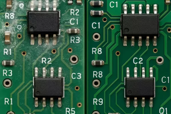 Before and after cleaning flux from PCB