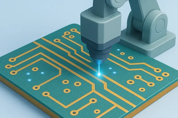 Robotic arm laser-drilling microvias on a PCB