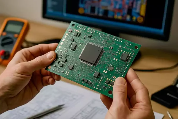 Engineer holding a PCB in front of a circuit board design on screen