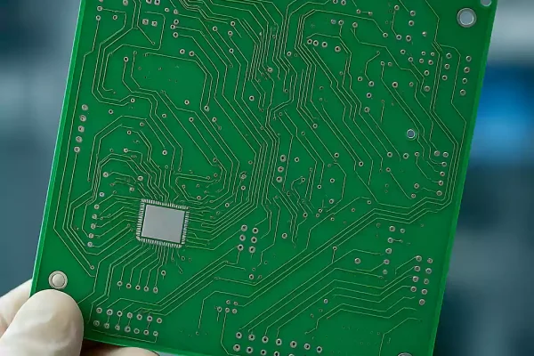 Close-up of green PCB showing copper traces and thickness detail