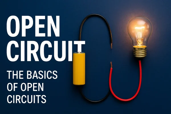 Introductory visual showing the concept of an open circuit, with labeled text and a glowing bulb disconnected from a battery via broken wires, set against a dark blue background.