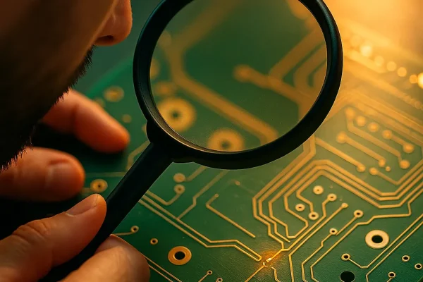 Technician visually inspecting broken copper trace on PCB under magnification