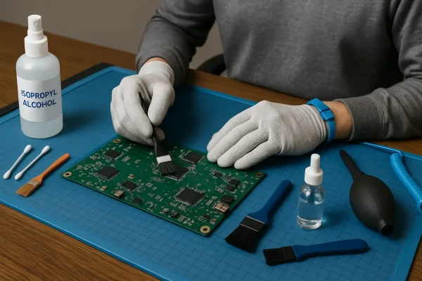 Technician preparing to clean a PCB at an ESD-safe workstation