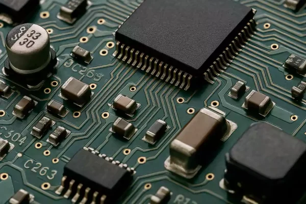 Close-up of a PCB with electronic components and copper traces