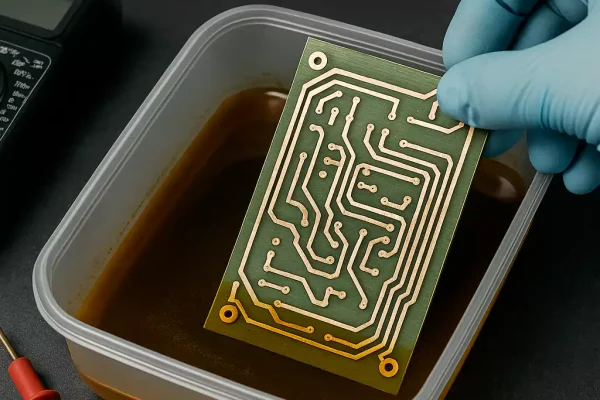 PCB etching in progress using chemical solution and tools