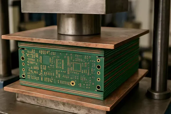 PCB stack being laminated under a hydraulic press in a factory setting