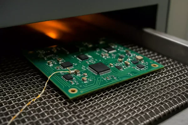PCB inside reflow oven during soldering process