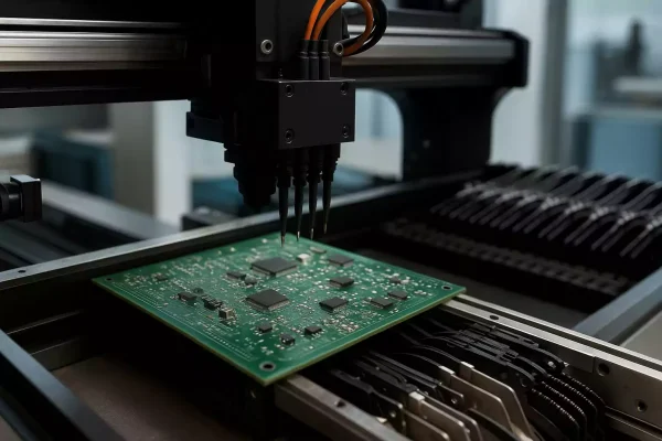 Pick and place machine placing components on a PCB during assembly