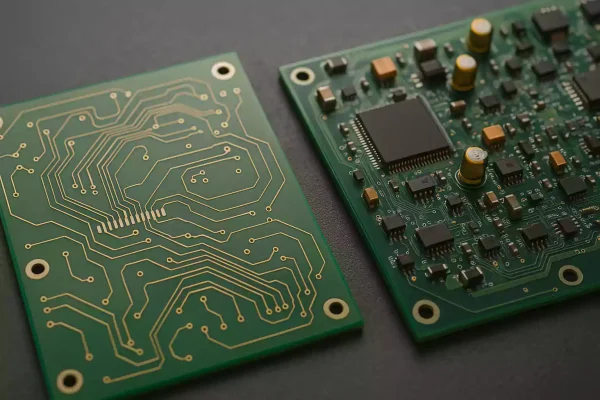 Side-by-side photo of bare and assembled circuit boards on dark background