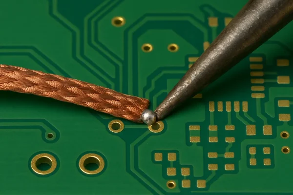 Removing PCB solder bridge using desoldering braid