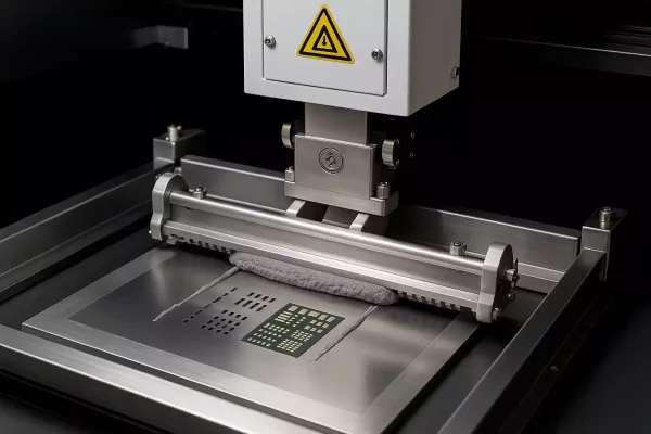 SMT solder paste printing machine applying paste through a stencil onto PCB pads