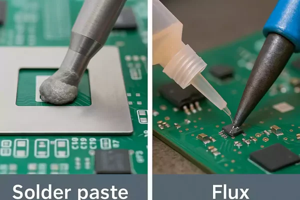 Solder paste and flux being used on PCBs