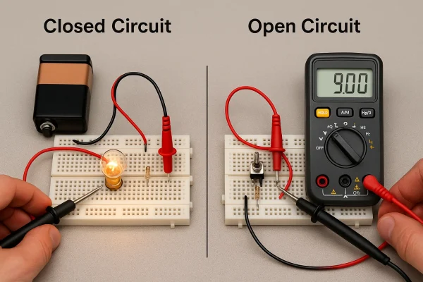 Side-by-side breadboard setups showing voltage distribution